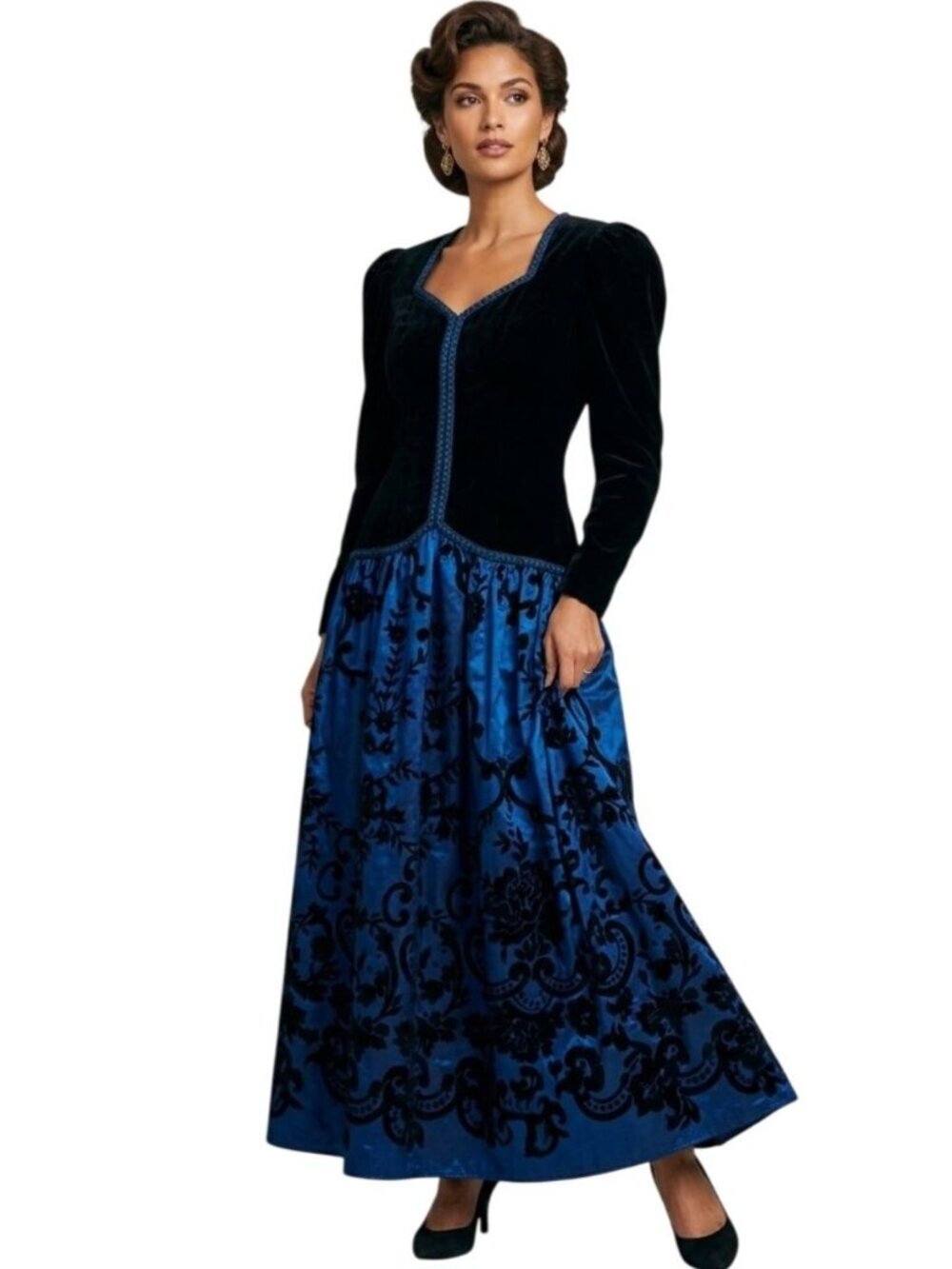Scott McClintock Vintage 80s Designer Taffeta Velvet Gown Blue Black Size 4